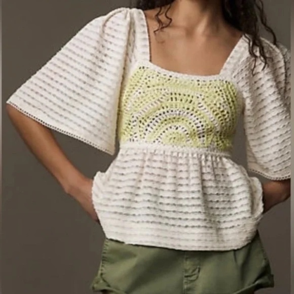 Anthropologie Elegant White and Green Crochet Blouse